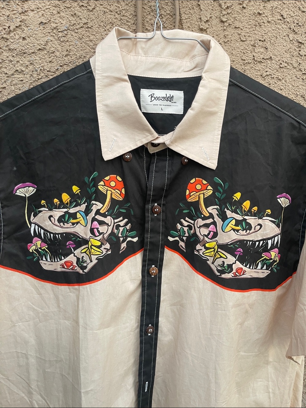 Boozelele Man Button Up Shirt Dressy Dinosaur Mushroom Sz L - Picture 2 of 9